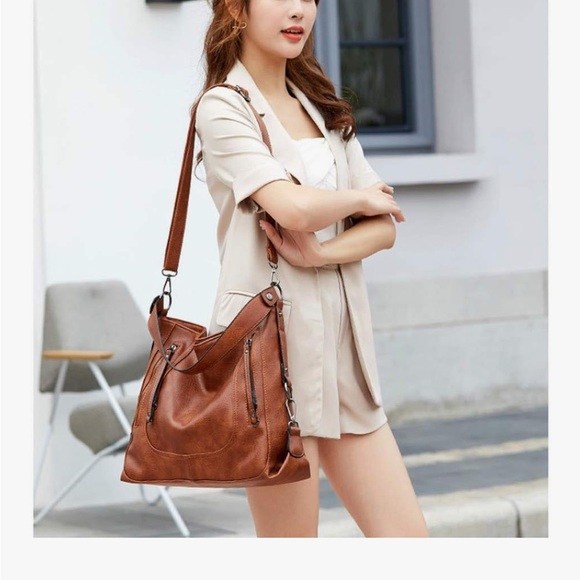 Chic Saddle Brown Faux Leather Slouchy Shoulder Bag Adjustable - Picture 12 of 13